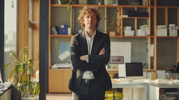 Foto empresario confiado de pie en una oficina moderna con los brazos cruzados