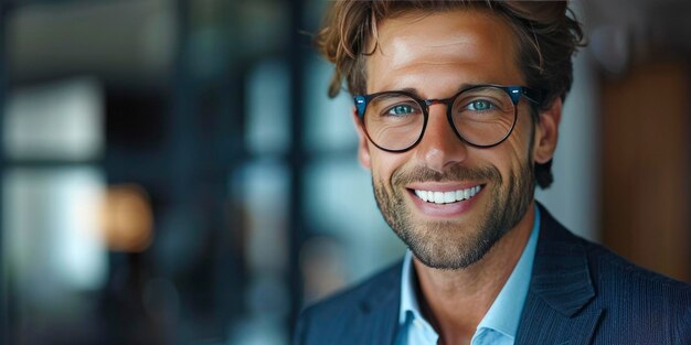 Empresario confiado y sofisticado que usa gafas que irradian encanto y profesionalismo contra un telón de fondo de oficina con una sonrisa amistosa