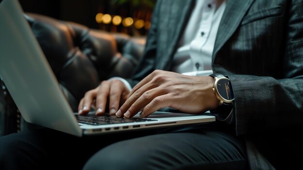 Empresario confiado trabajando en una computadora portátil en una habitación con poca luz