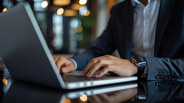 Empresario confiado trabajando en una computadora portátil en una oficina moderna