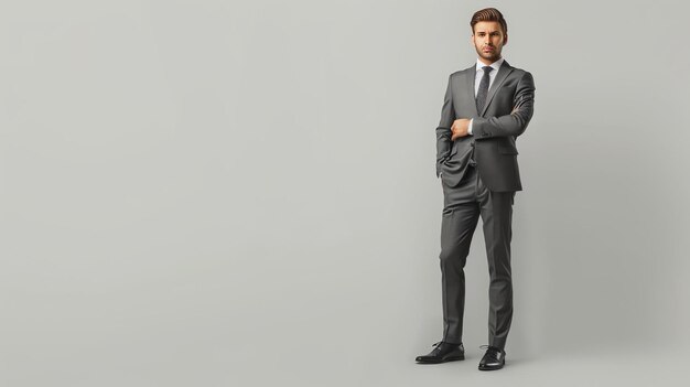Empresario confiado en un traje y corbata de pie con los brazos cruzados aislado en un fondo gris
