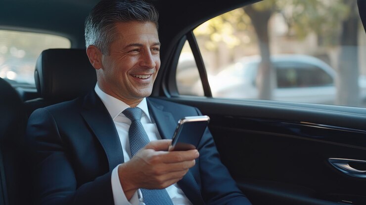 Empresario confiado en videoconferencia sobre teléfono inteligente en el interior del automóvil con comodidades modernas