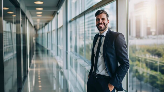 Foto empresário confiante com um sorriso genuíno no corredor do escritório moderno o fundo desfocado acrescenta um toque profissional