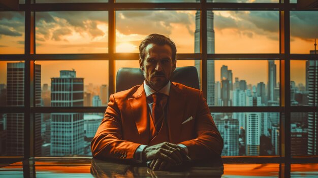 Foto empresário confiante em terno elegante sentado diante da vista panorâmica da cidade ao pôr-do-sol do escritório