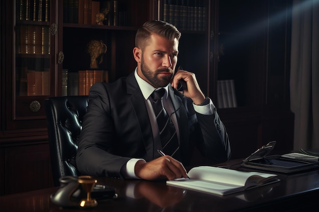 Foto empresário confiante em vestuário formal se comunicando poderosamente no telefone da mesa