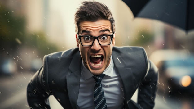 Foto empresário correndo com guarda-chuva na mão