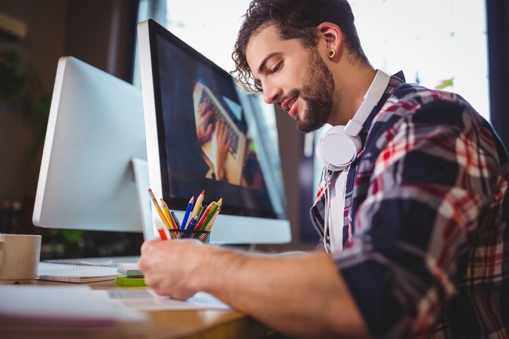 Foto empresario creativo trabajando en el escritorio de la computadora en la oficina
