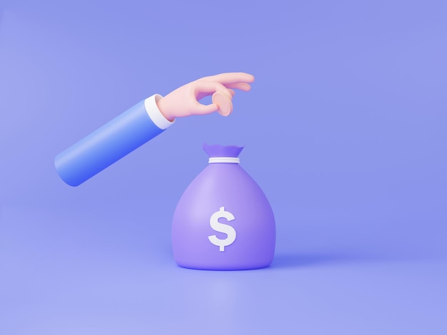 Empresário de mão segurando moeda economizando com sacos de dinheiro dólar em fundo roxo ganhando renda negócios lucro investimento finanças educação economia desenho animado fofo ilustração de renderização 3d suave