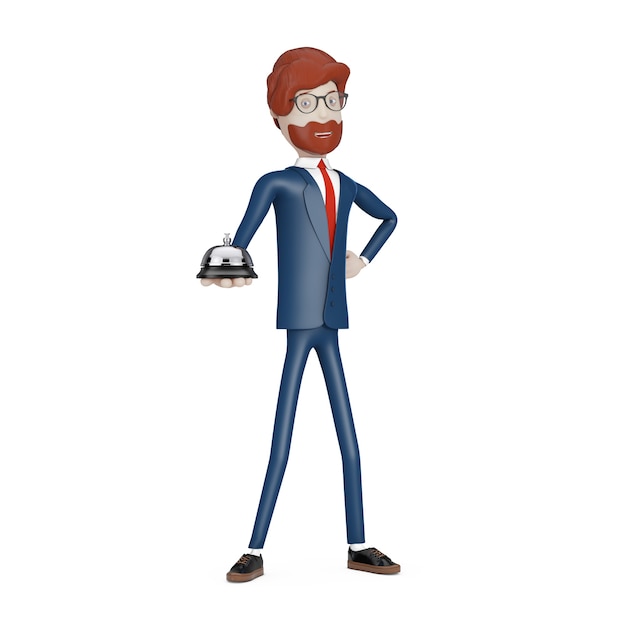 Empresário de personagem de desenho animado com anel de campainha de serviço de mesa na mão em um fundo branco. renderização 3d