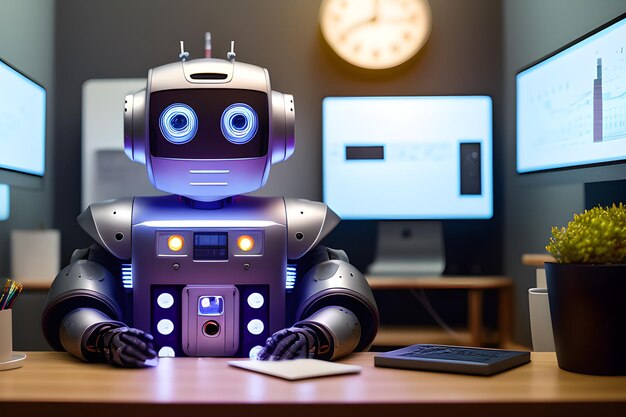 Empresário de robô bonitinho está trabalhando no escritório Ideia de conceito de um assistente de negócios de bot