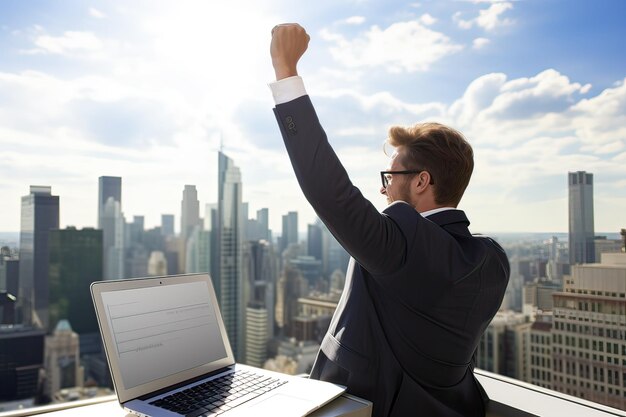 Foto empresário de sucesso comemorando seu sucesso no telhado de um arranha-céu