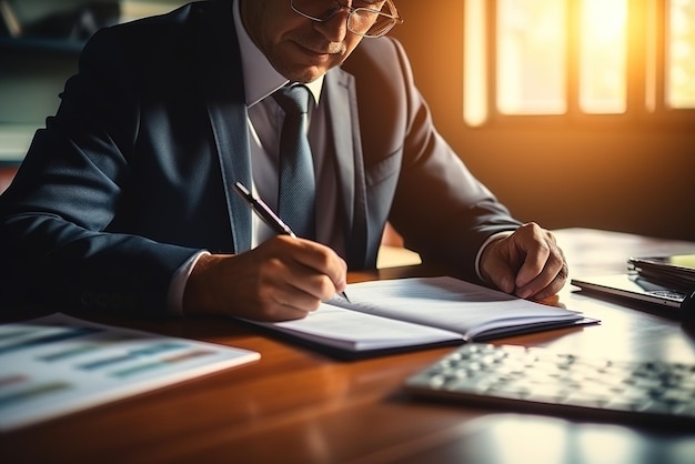 Empresário de terno escrevendo em caderno na mesa