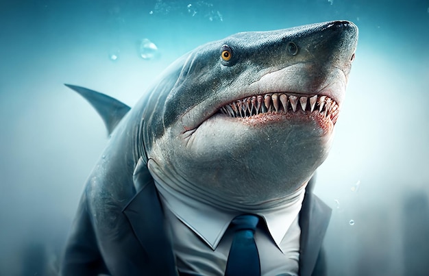 Empresário de tubarão de negócios na forma de um tubarão em um terno de negócios