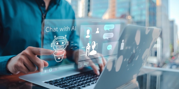 Empresario desarrollando diseño web digital virtual utilizando tecnología de IA para codificación y análisis de datos
