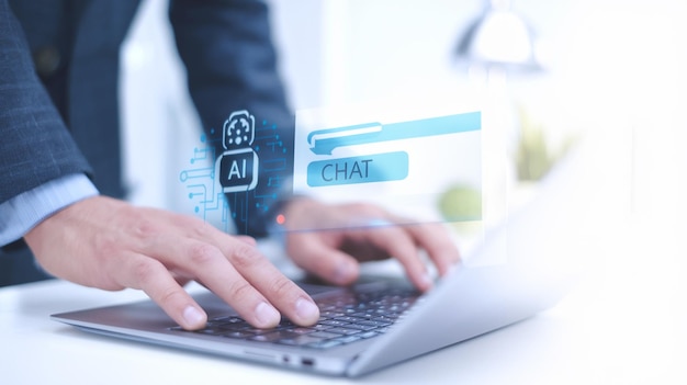 Empresario desarrollando diseño web digital virtual utilizando tecnología de IA para codificación y análisis de datos