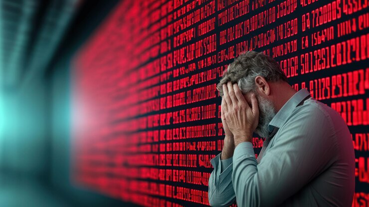 Foto empresario desesperado con la cabeza en las manos contra el fondo digital