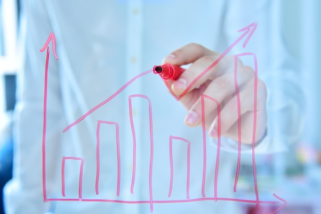 Empresario dibujando mercados comerciales a mano en pantalla transparente analizando datos y comprobando gráficos de negocios La pantalla digital muestra una interfaz de usuario interactiva con estadísticas