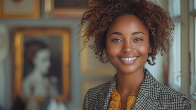 Un empresario y diseñador de moda retrato de una mujer negra como fundadora de un negocio de moda una sastre de ropa con una aguda visión de negocio sonriendo y una sensación de éxito y felicidad