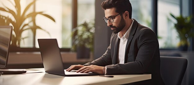 Foto empresário do oriente médio no escritório digitando no computador trabalhando em pesquisa de marketing