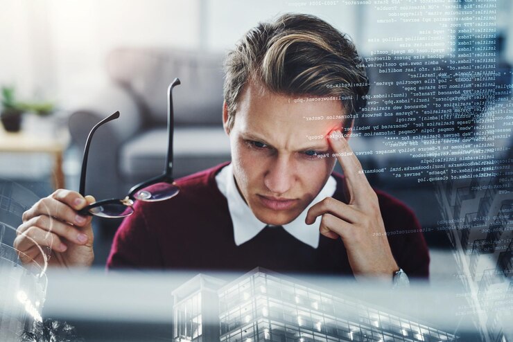 Foto empresario dolor de cabeza y negocios con estrés en la superposición para la ansiedad tensión o presión en el hogar persona masculina frustrada o desarrollador de software con código de migraña o depresión en doble exposición