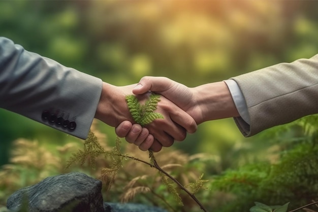 Empresário e empresária apertando as mãos um do outro na floresta