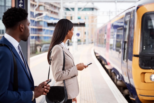 Empresário e empresária viajando para trabalhar na plataforma ferroviária esperando o trem