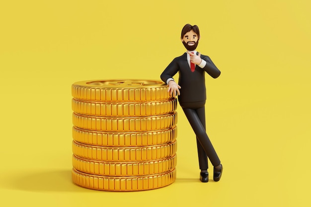 Empresário e pilha de negócios de moedas de ouro e conceito bancário 3D renderizando personagem de desenho animado