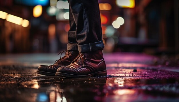 Empresário elegante caminhando pelas ruas molhadas da cidade com botas de couro geradas por inteligência artificial