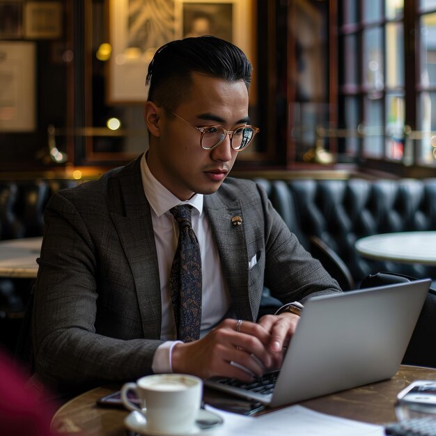 Empresário elegante de óculos se concentra intensamente em seu laptop em um café que representa a mistura moderna de trabalho e mobilidade de estilo de vida