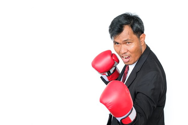 Empresário em luvas de boxe no espaço branco de fundo e cópia