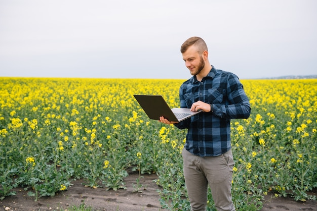 empresário em pé no campo de colza com laptop