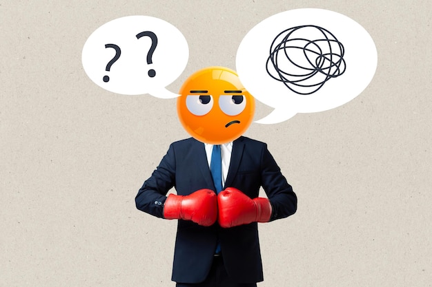 Empresario con un emoji de cabeza pensante con guantes rojos tomando una decisión de liderazgo