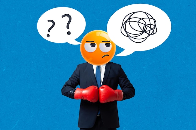 Empresario con un emoji de cabeza pensante con guantes rojos tomando una decisión de liderazgo