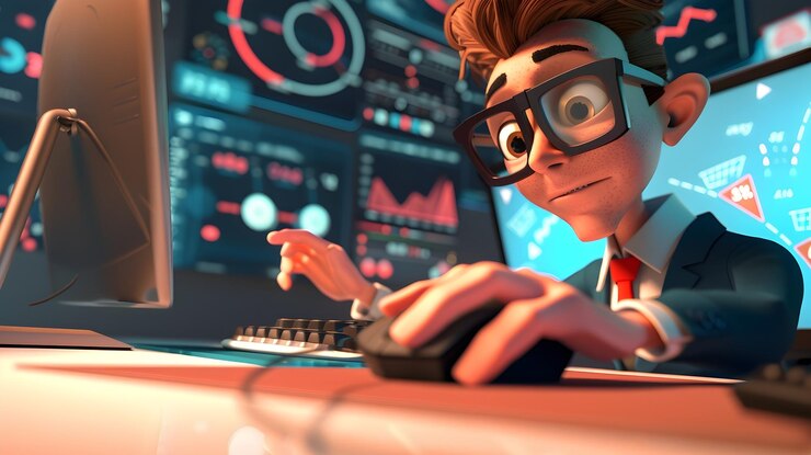Foto empresario enfocado analizando datos financieros en la computadora en la oficina