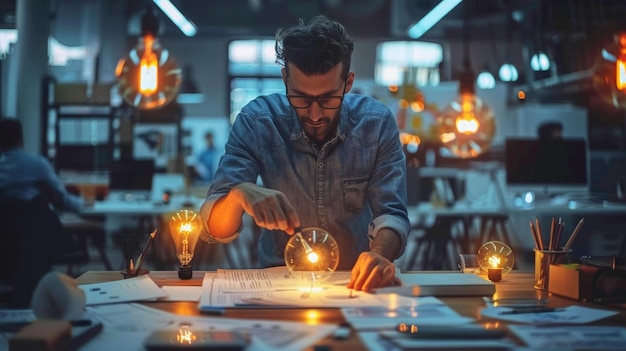 Foto empresario enfocado trabajando en bocetos de startups innovadoras en una oficina creativa