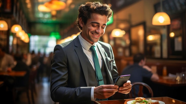 Foto empresario enviando mensajes de texto con su restaurante de teléfono inteligente