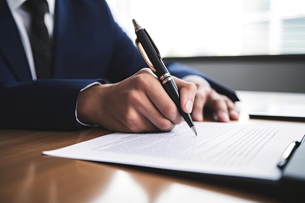 Un empresario escribiendo notas importantes sobre un documento en un entorno profesional