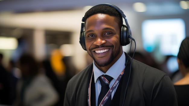 Empresario escuchando música con auriculares y traje