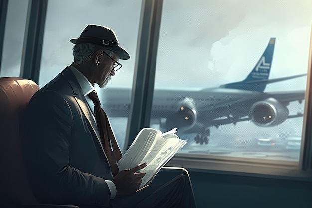 Empresario esperando el vuelo leyendo un libro junto a la ventana