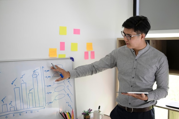 El empresario está escribiendo un plan de negocios en la pizarra