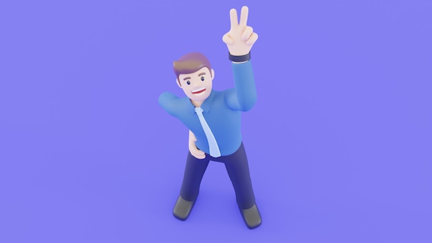 El empresario está sonriendo y levantó la mano para hacer el símbolo de la victoria. Concepto exitoso de personas en concepto de representación 3d.