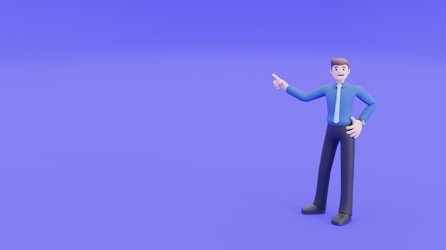 Empresário está sorrindo, levanta e aponta a mão para o ar ao lado dele. Empresários explicam ou apresentam o conceito em renderização 3d.