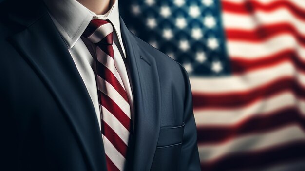 Foto empresario estadounidense en traje formal con nuestra bandera como telón de fondo símbolo de éxito y patriotismo