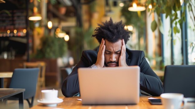 Empresário estressado com dor de cabeça no laptop num café.