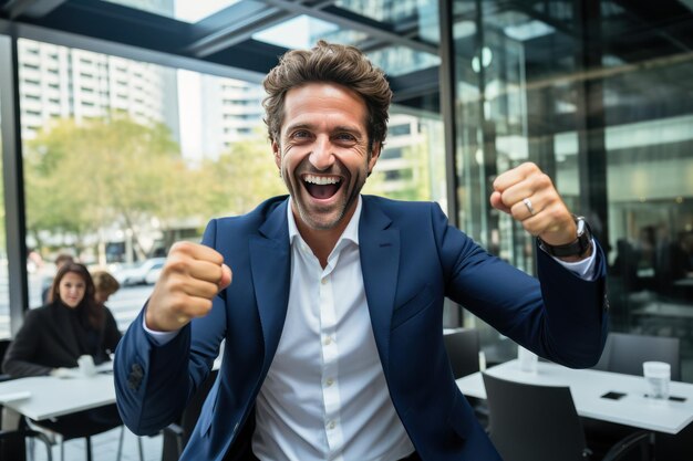 Empresario exitoso celebrando con el puño levantado IA generativa