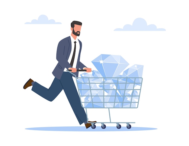 Empresario exitoso corriendo con un carro lleno de diamantes como símbolo de un negocio altamente rentable hombre de suerte rico empresario empujando una carretilla con gemas concepto de vector plano de dibujos animados