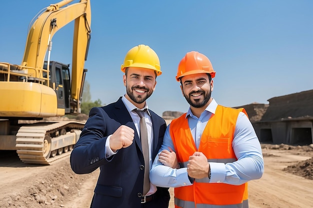 Empresario exitoso e ingeniero en un sitio al aire libre con el puño cerrado