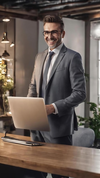 Empresario exitoso que trabaja con una computadora portátil usando una computadora y sonriendo de pie sobre un ba blanco