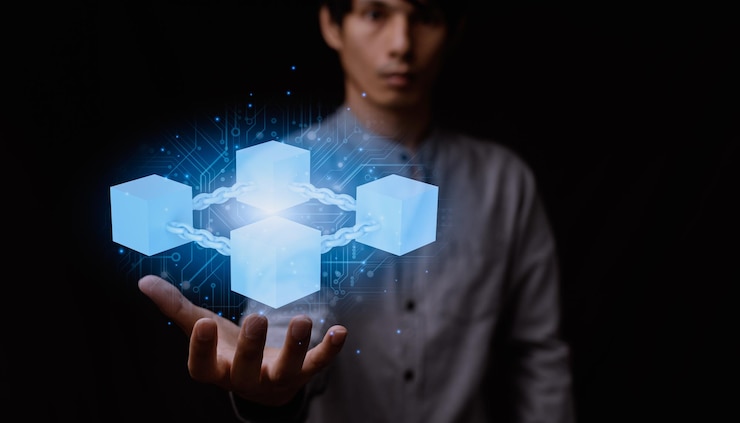 Foto empresario explora la tecnología del metaverso con la conexión de la red blockchain