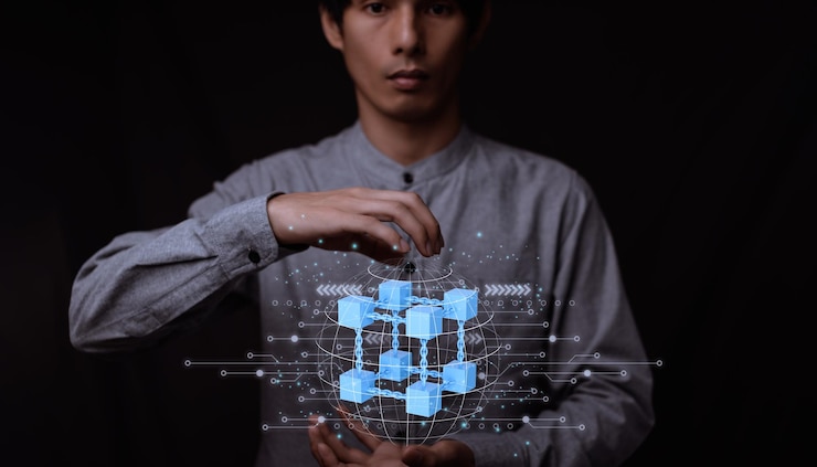 Foto empresario explora la tecnología del metaverso con la conexión de la red blockchain